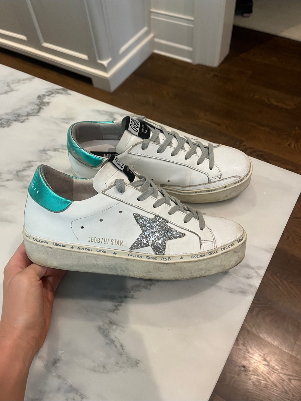 Golden Goose White Sneakers with Silver Glitter Star and Teal Heel - Picture 2 of 7
